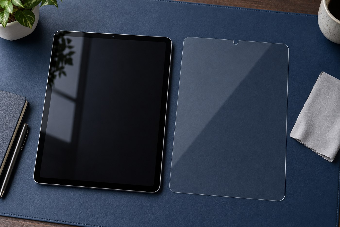 Tablet beside a clear screen protector and cleaning cloth