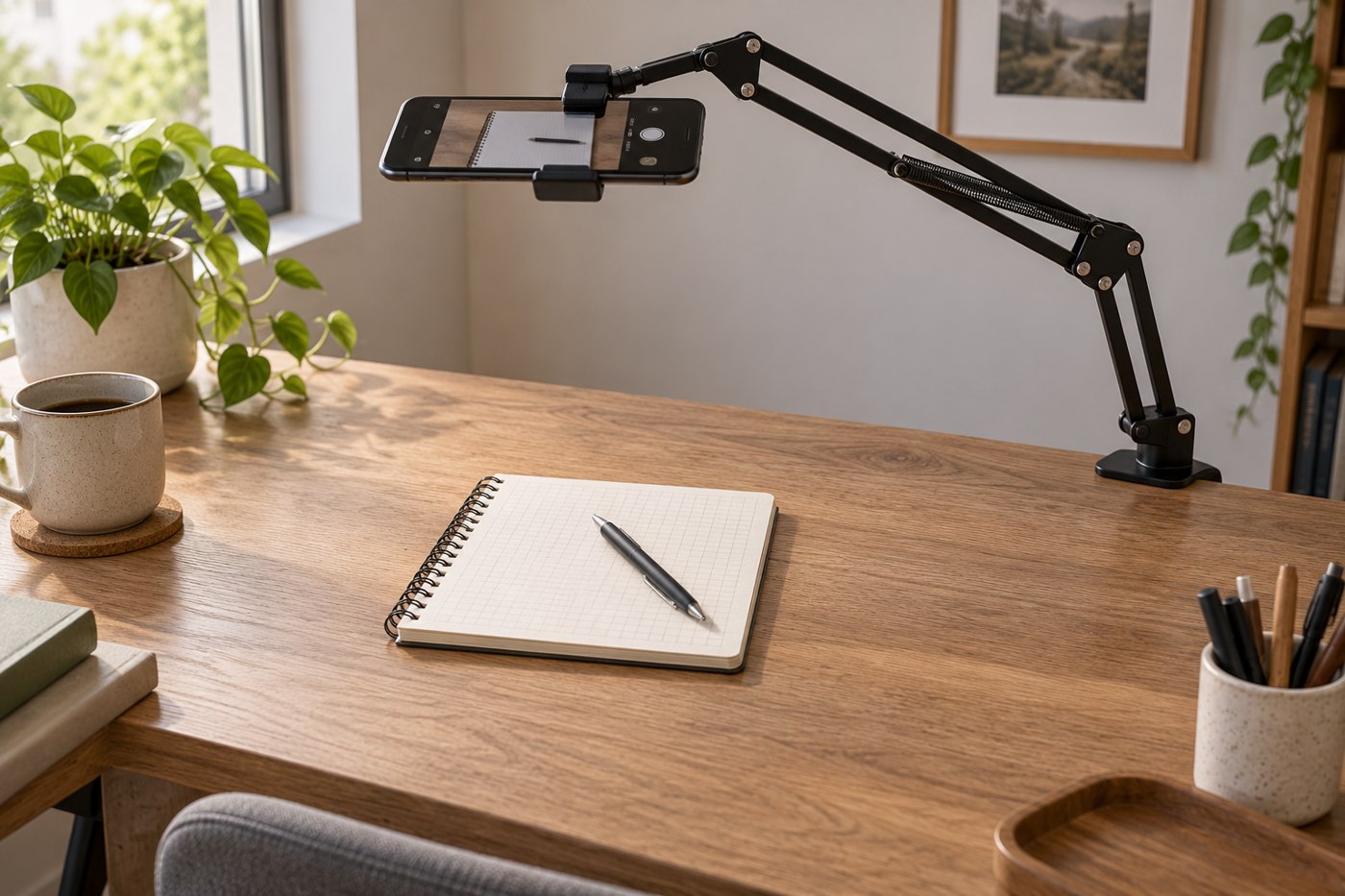 Phone held over a notebook by a desk-mounted arm