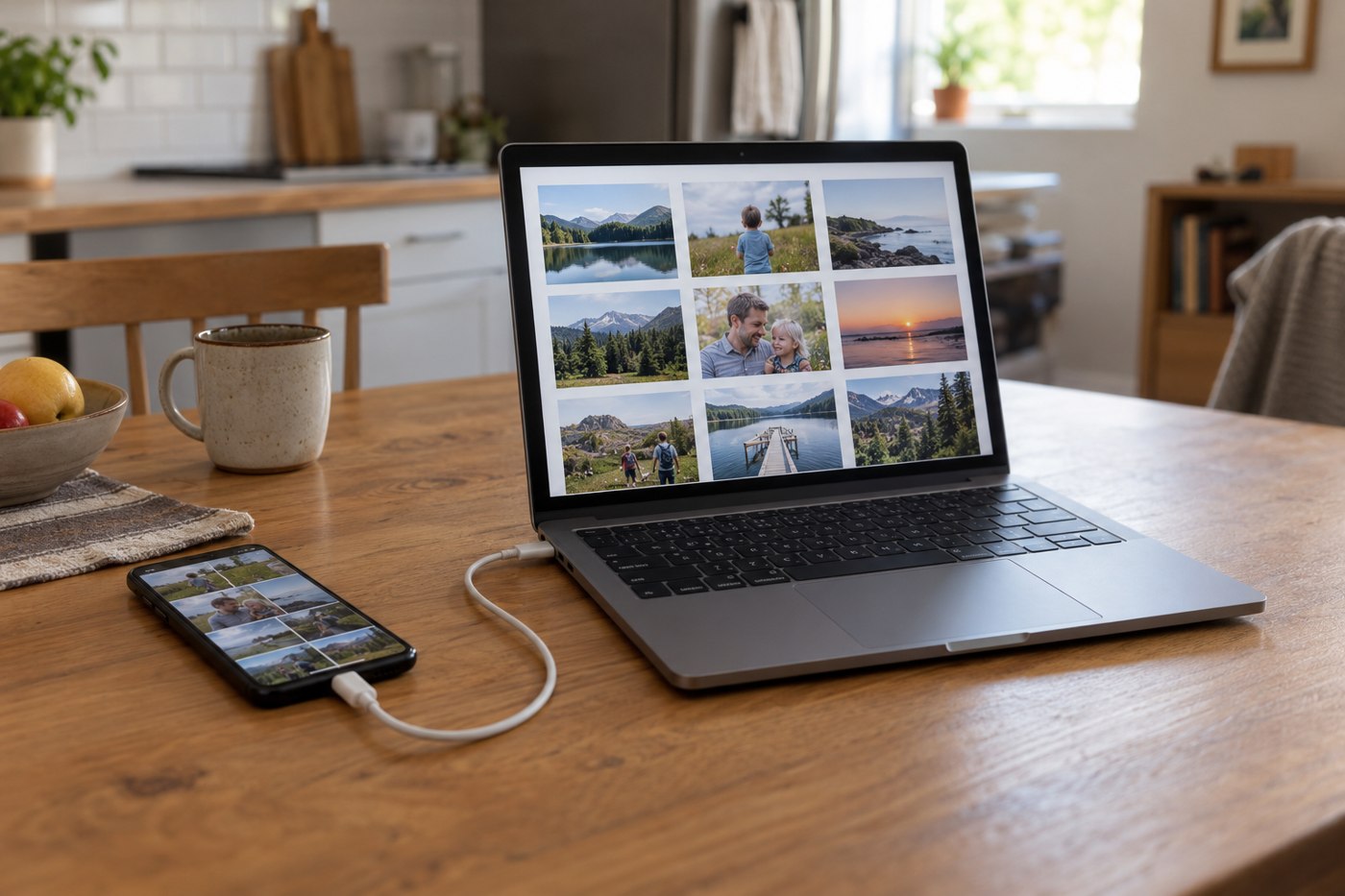 Phone connected to a laptop showing photo thumbnails