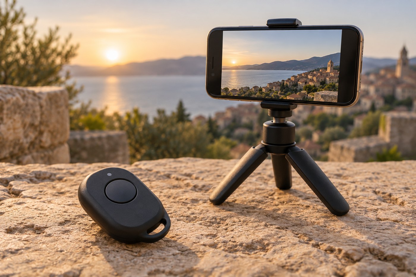 Small camera remote beside a phone on a mini tripod