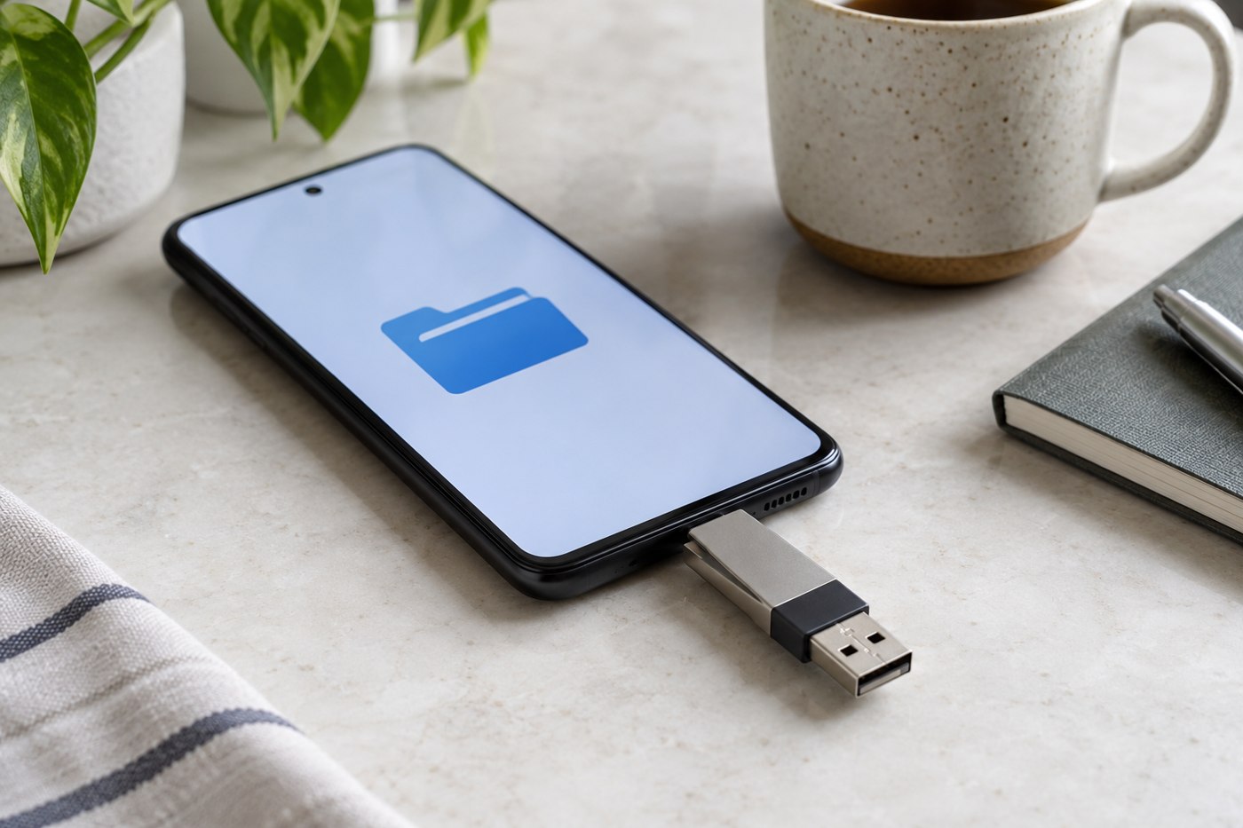 USB flash drive connected to a phone