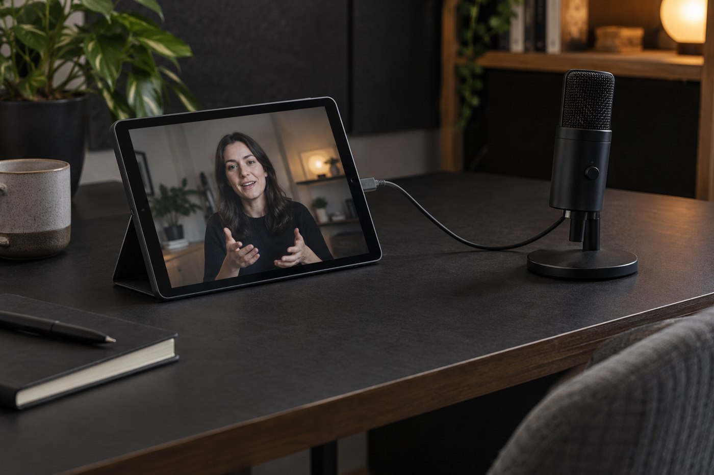 Tablet beside an external desktop microphone