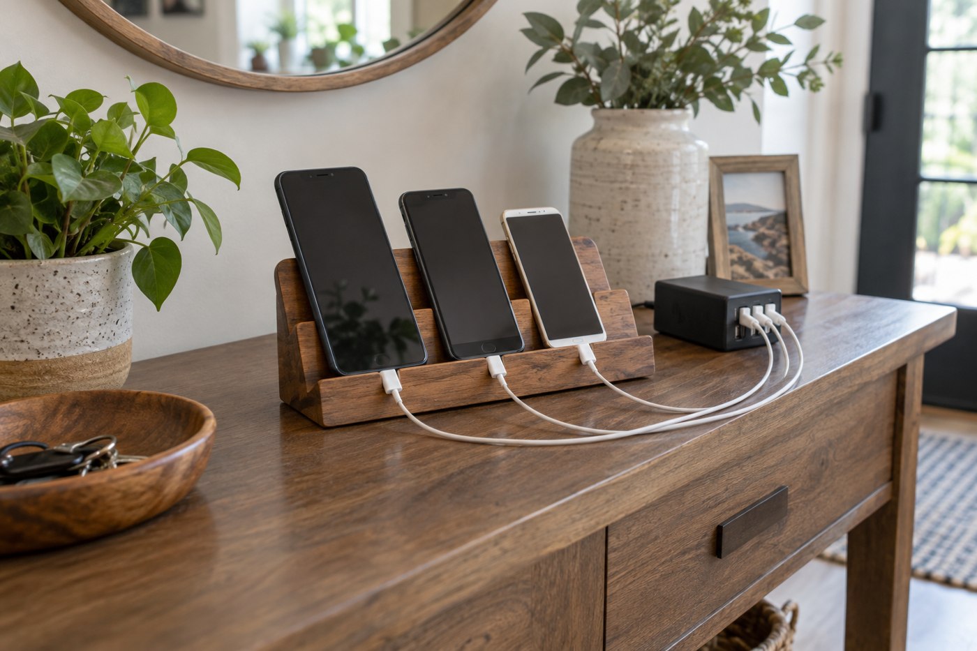 Three phones connected to a charger in a wooden organizer