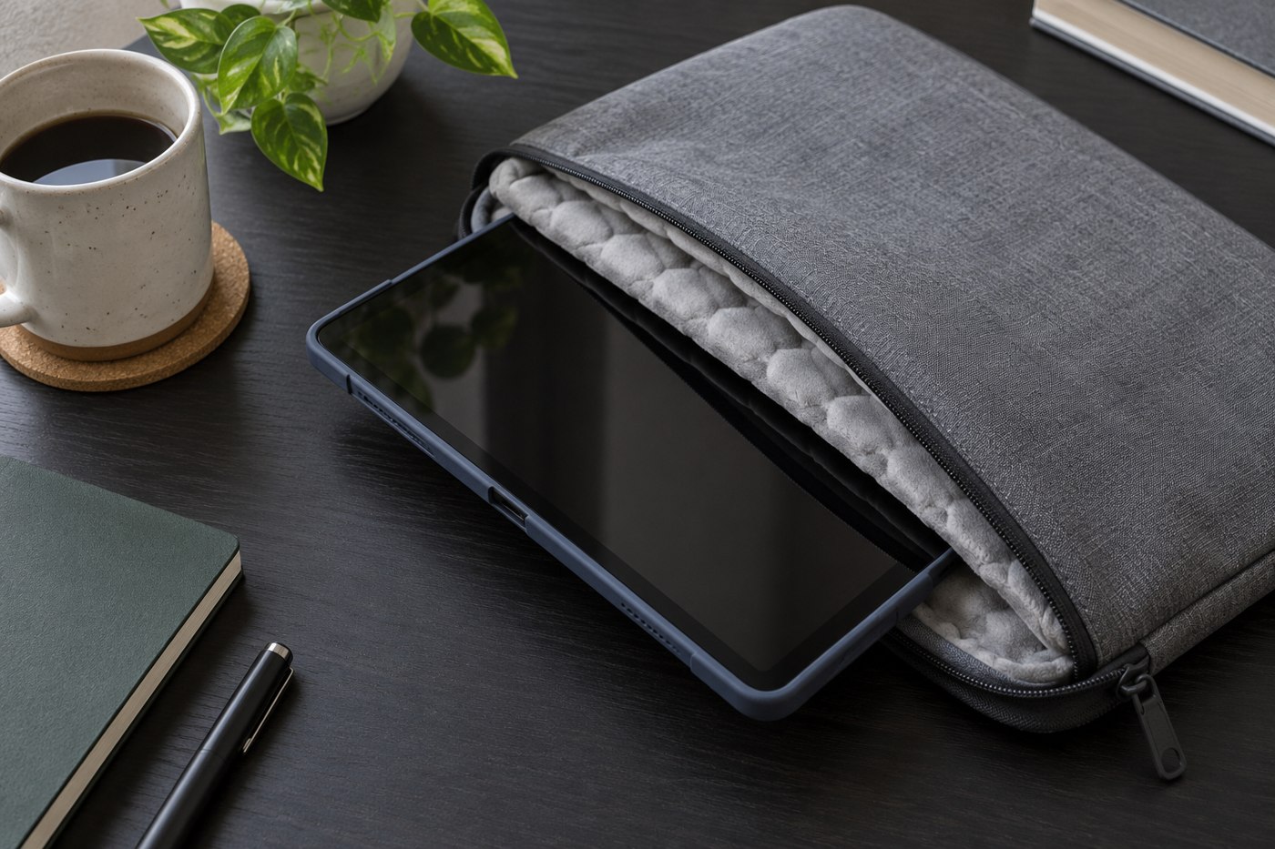 Tablet partly inside a padded zippered sleeve