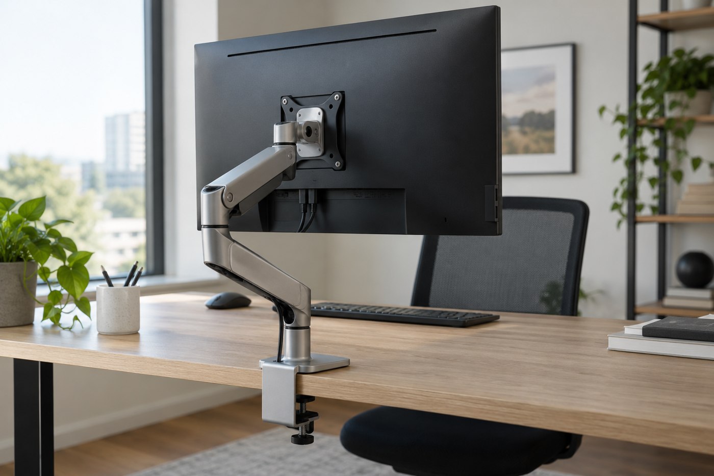 Articulated monitor arm clamped to a desk