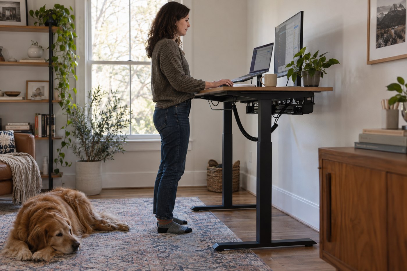 Raised standing desk with cable tray and a loose cable loop