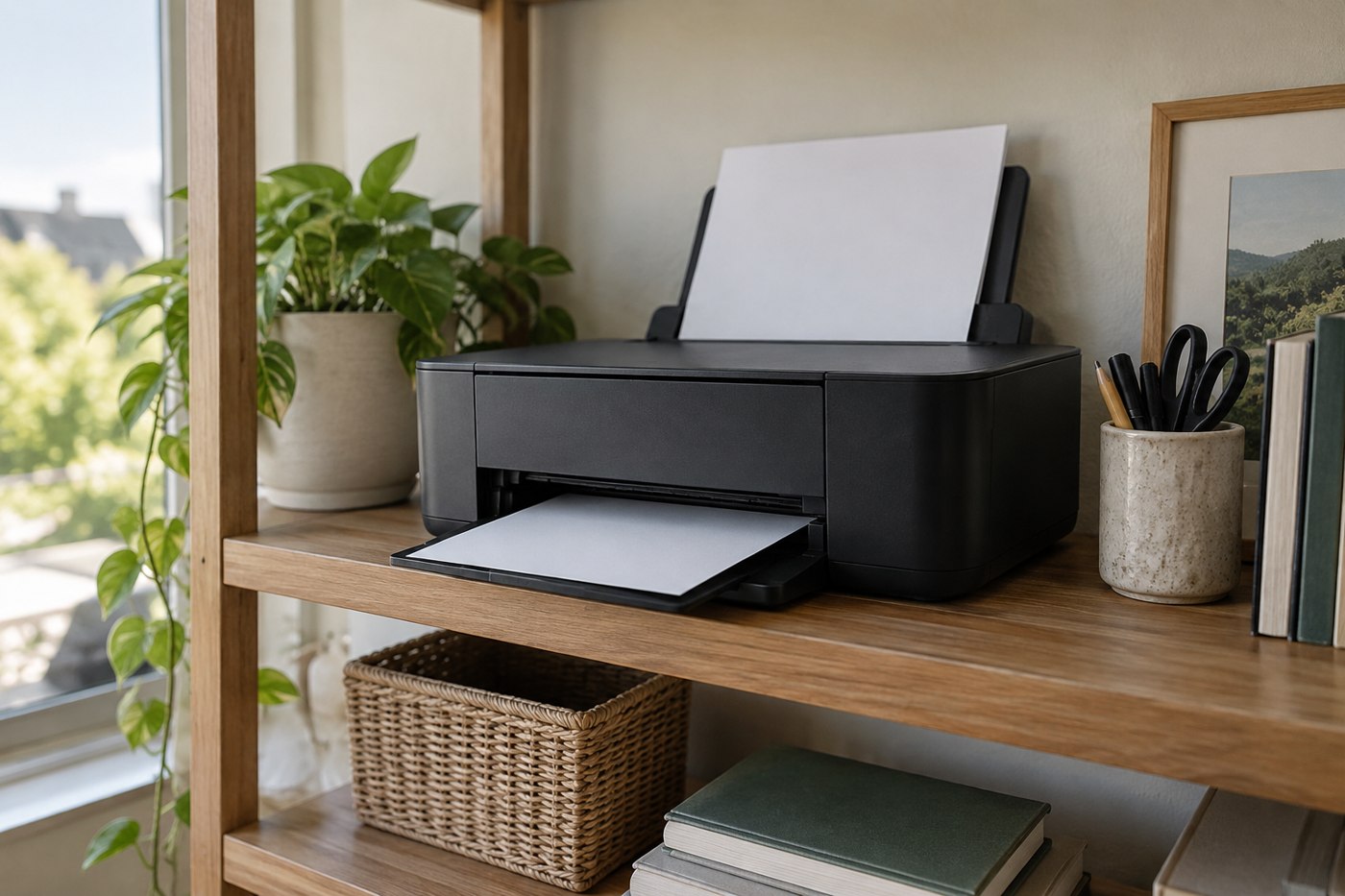 Compact document printer on a shelf