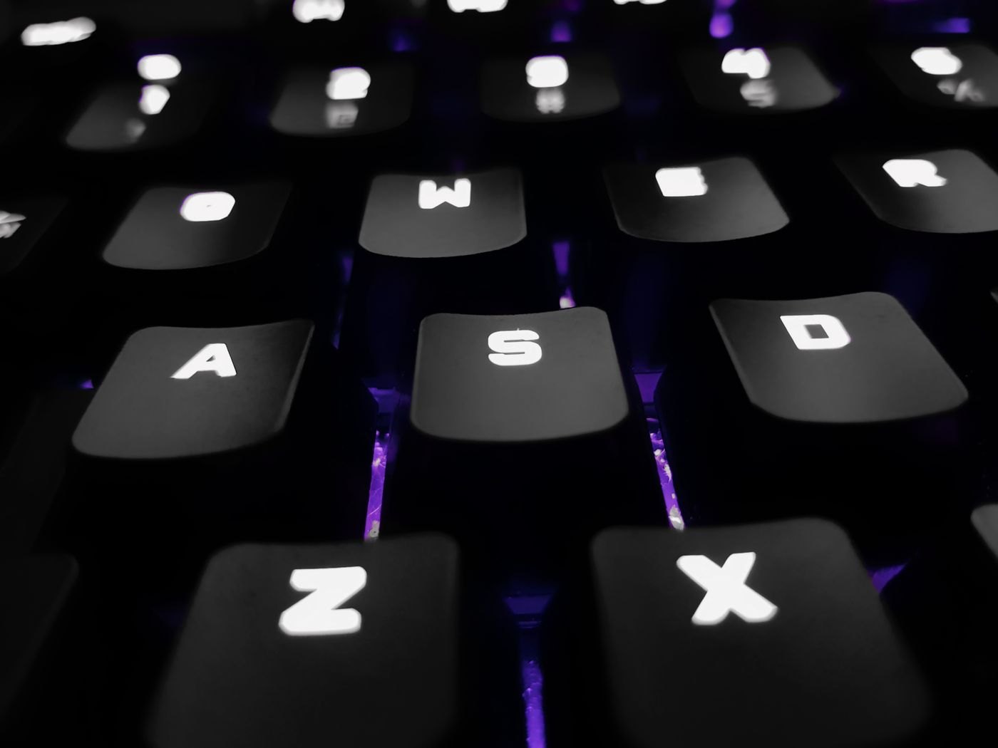 Close-up of individual backlit keyboard keys