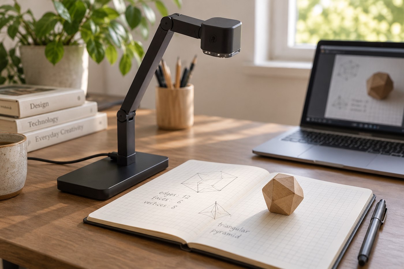 Document camera positioned above a notebook and wooden object
