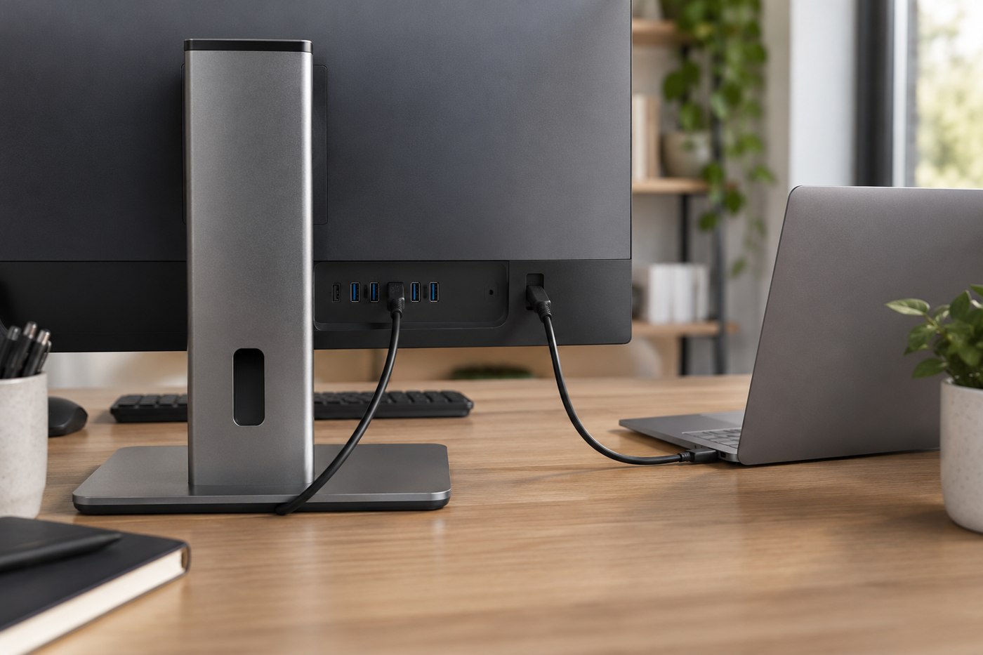 USB cables connected to ports on the back of a monitor