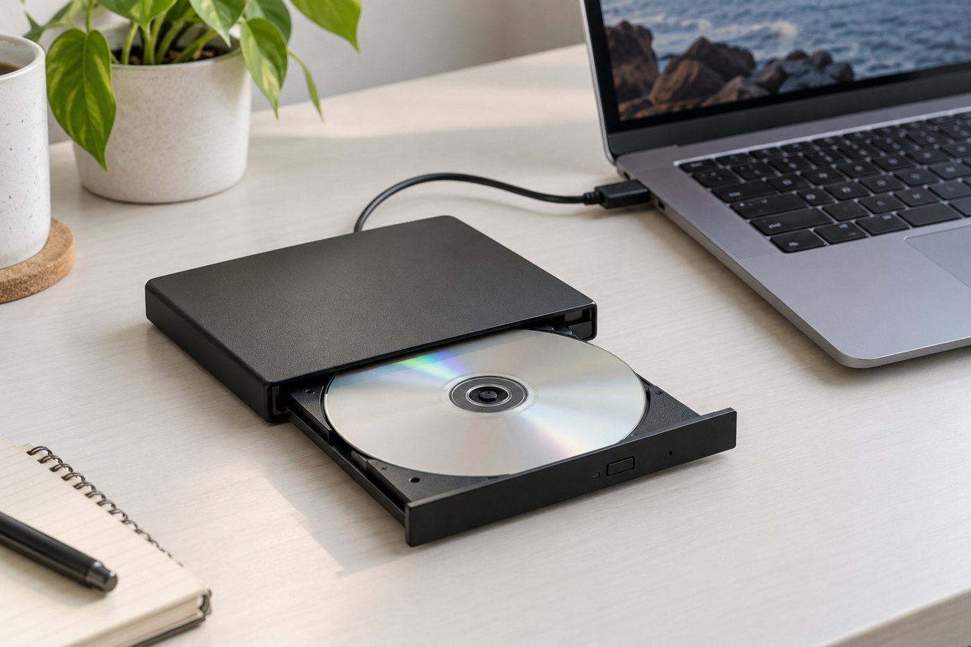 External optical drive with its disc tray open