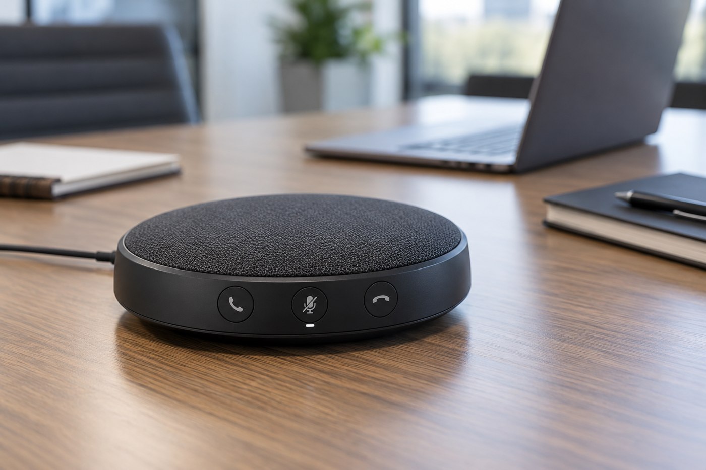 Round conference speakerphone on a meeting table