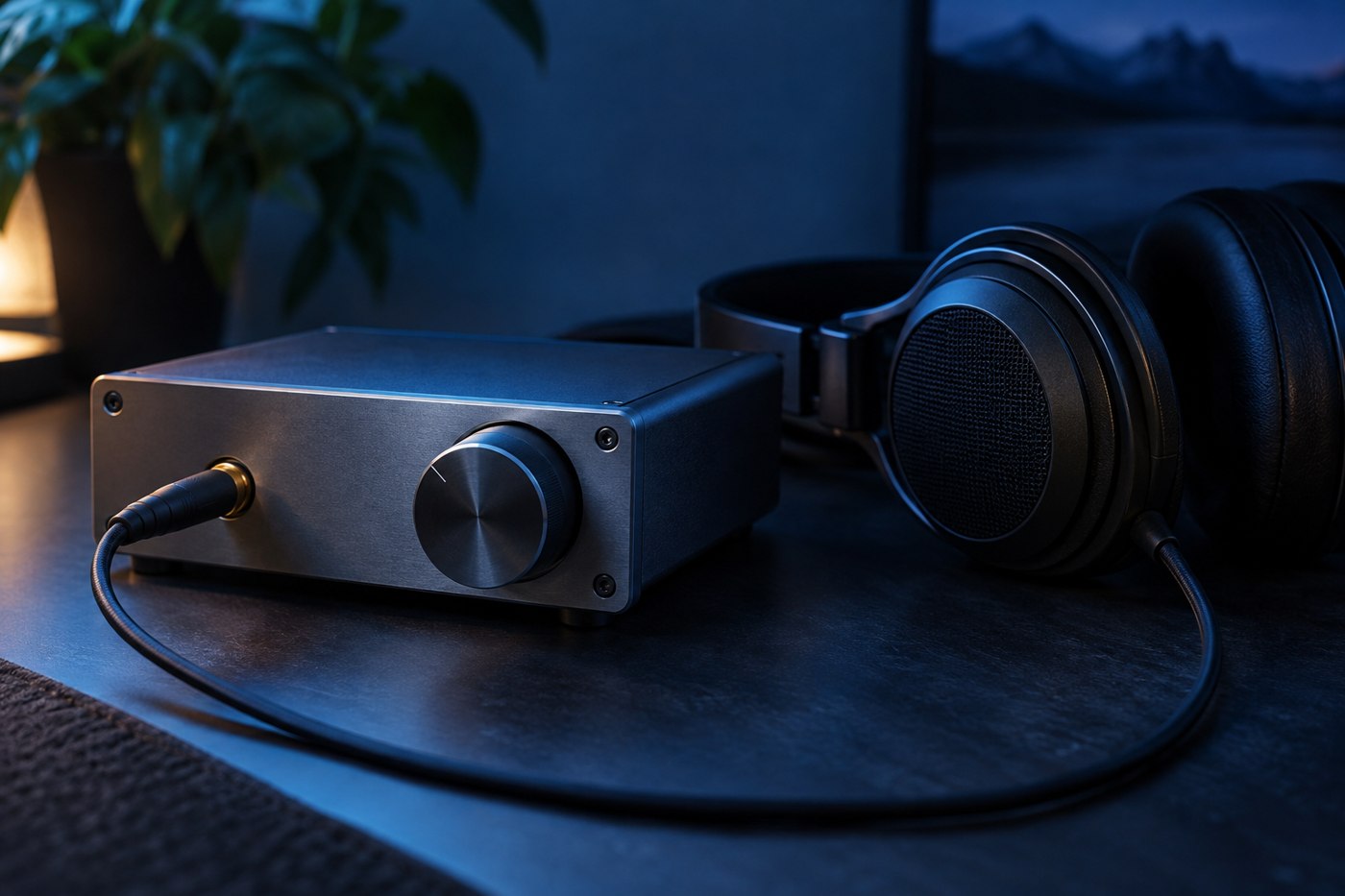 Desktop headphone amplifier connected to headphones