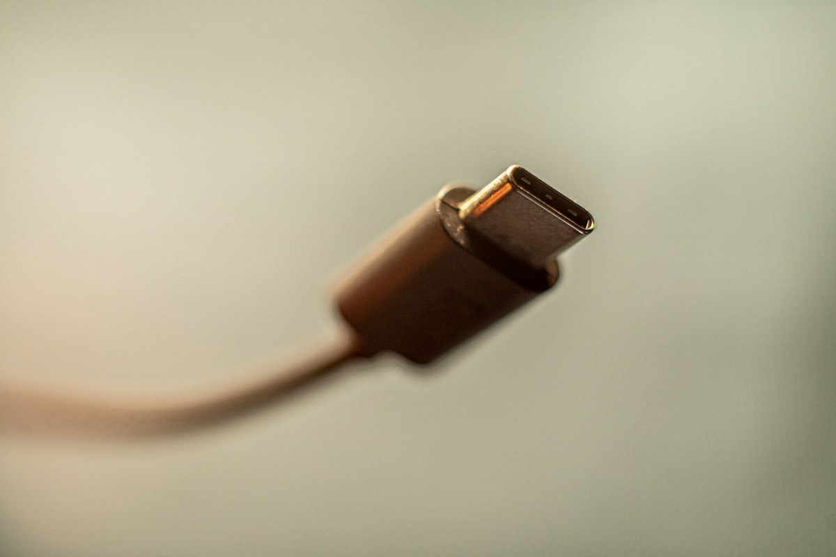 White USB-C cable connector viewed close up