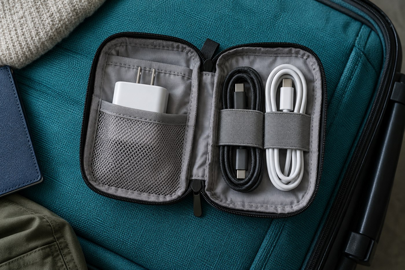 Cable organizer pouch holding coiled cables and a charger