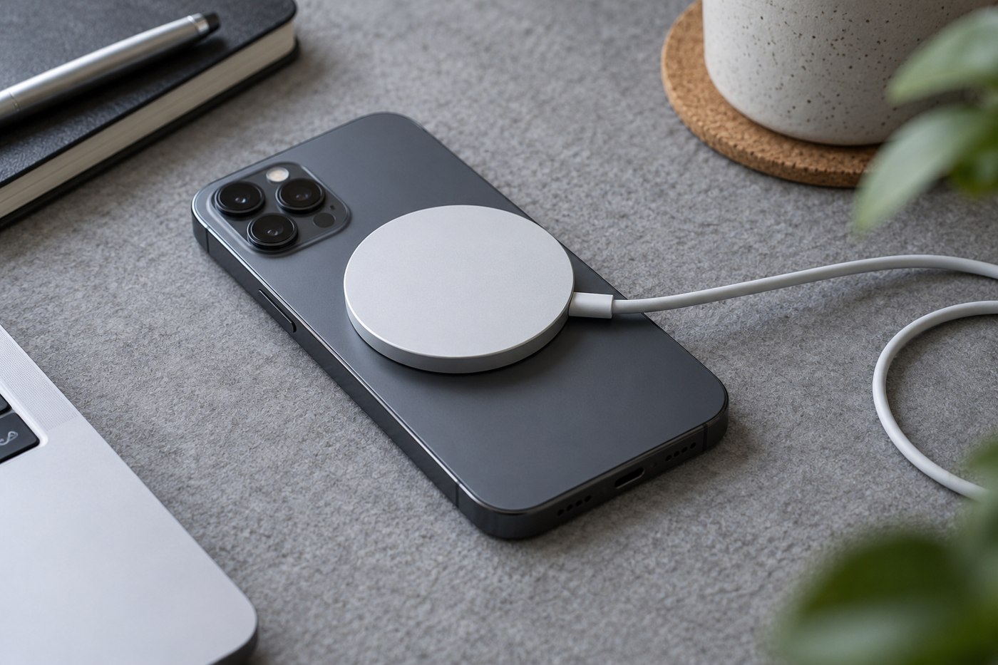 Magnetic charging puck attached to the back of a phone