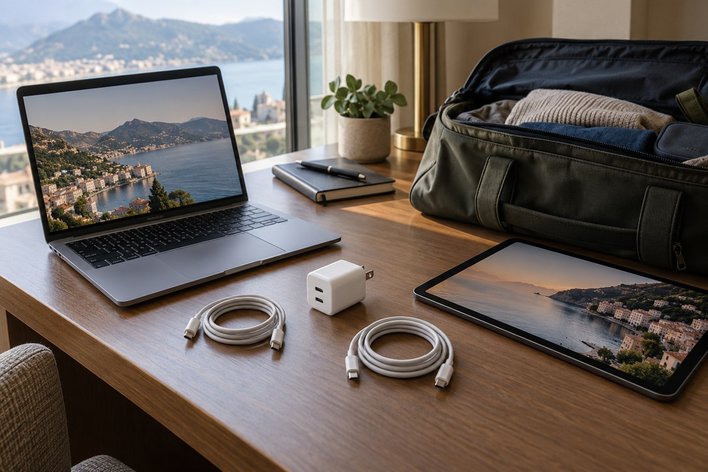 Laptop, tablet, charger and cables beside an open travel bag