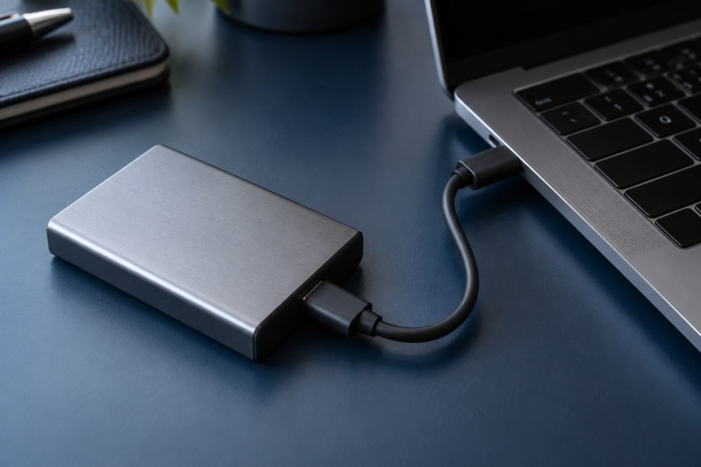 Portable storage drive connected to a laptop by a short cable