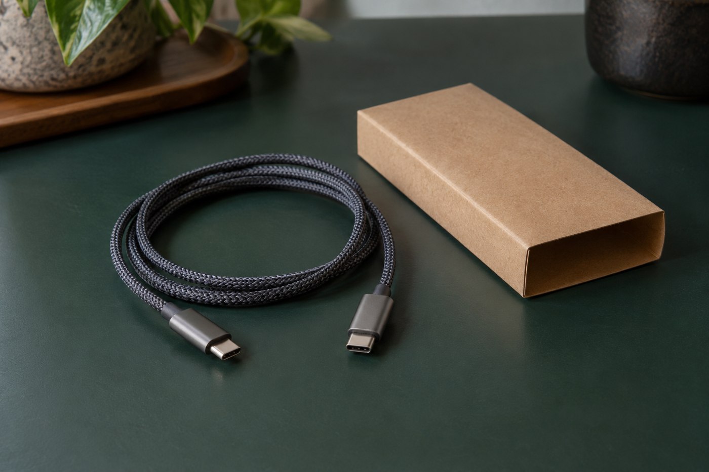 Coiled braided USB-C cable beside a cardboard sleeve