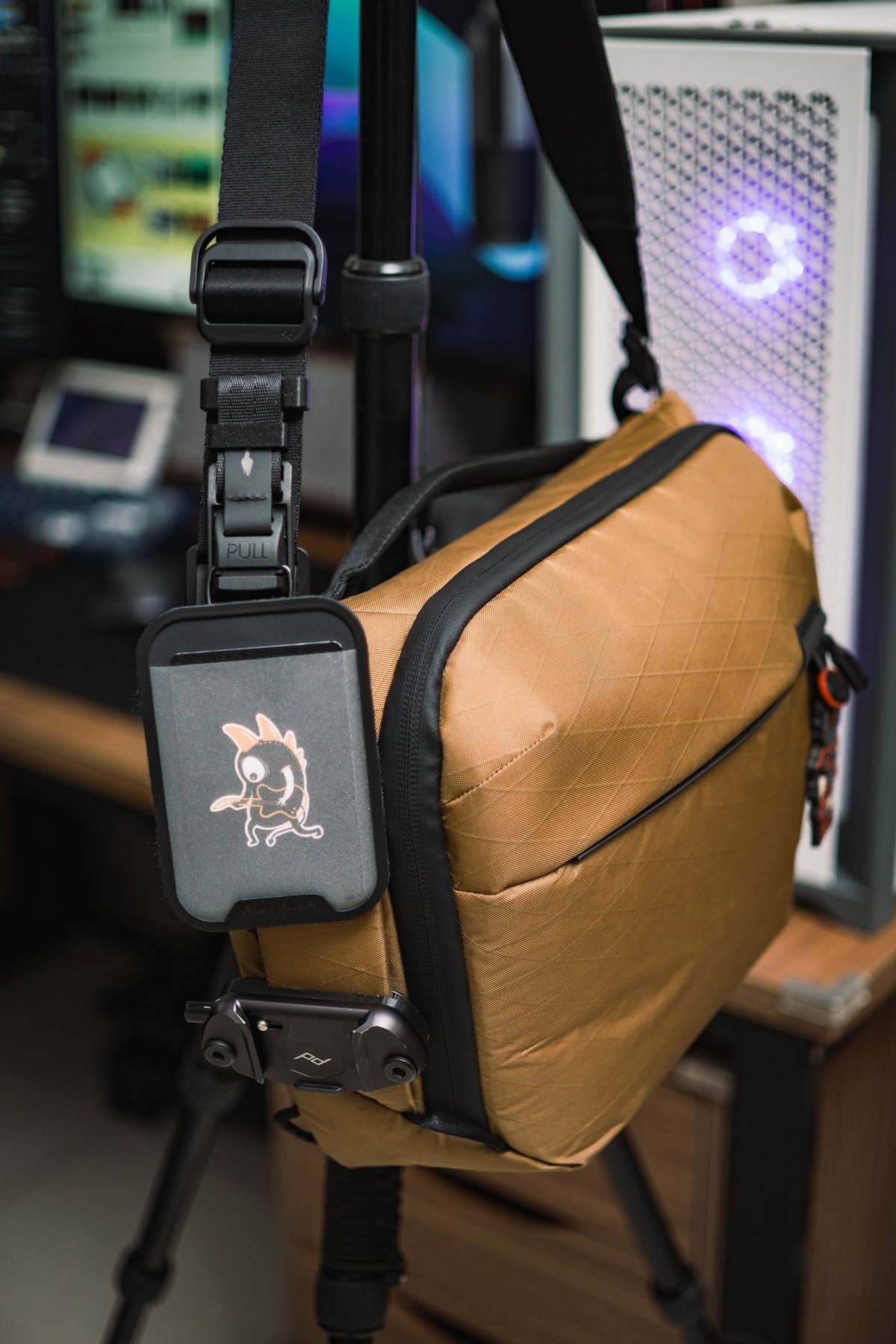 Camera shoulder bag hanging beside a desk