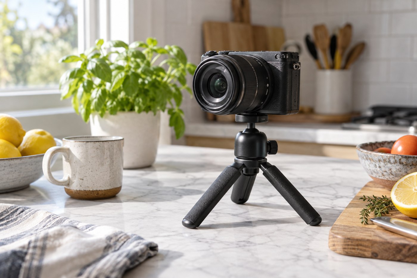 Compact camera on a tabletop tripod