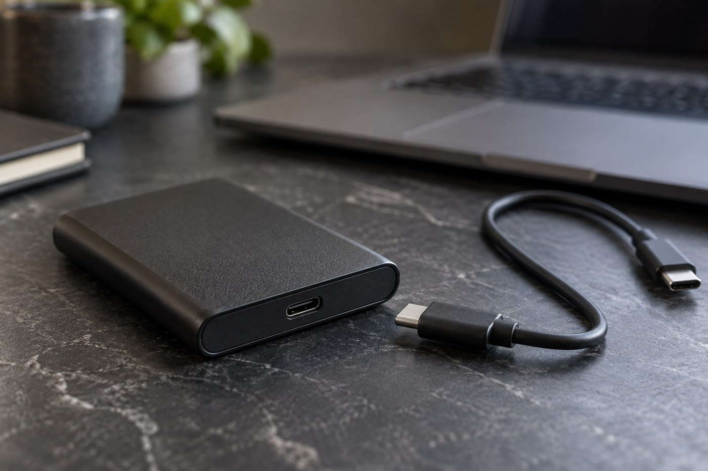 External storage drive beside its disconnected USB-C cable