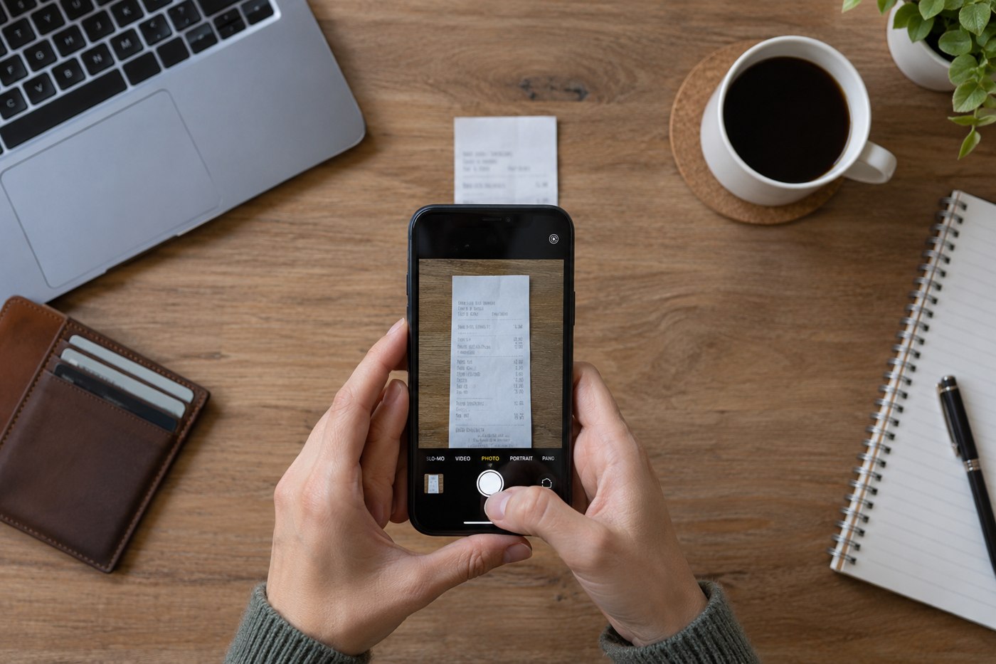Phone camera held above a receipt on a desk