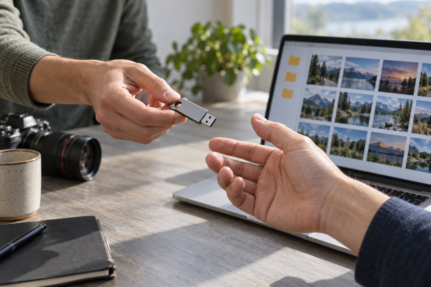 USB flash drive handed over beside a laptop showing photographs