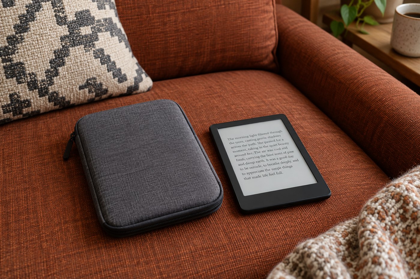 E-reader beside a padded protective sleeve